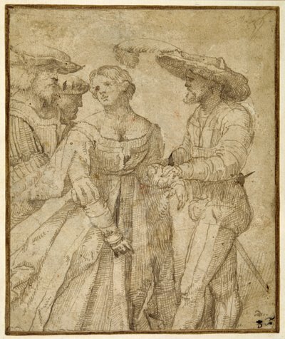 Scène van galanterie: vier figuren tegen een landschap door Girolamo Romanino