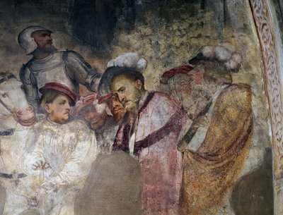 Soldaat in harnas en mannen met hoeden, detail van een fresco door Girolamo Romanino, de linkerwand van het priesterkoor van de kerk van Sint Antonius Abt, Breno, Italië door Girolamo Romanino