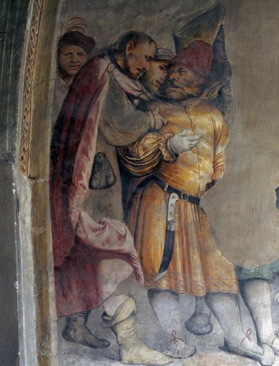 Twee mannen die met elkaar praten, (detail) door Girolamo Romanino