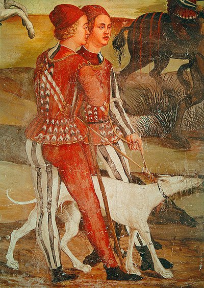 Twee pages en hun hond, detail van een jachtscène door Girolamo Romanino