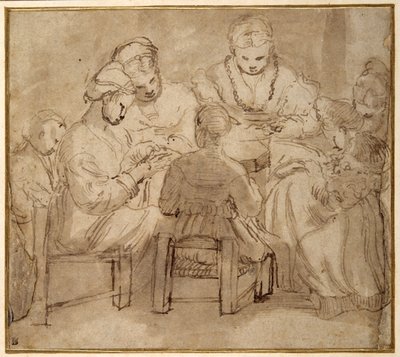 Vrouwen en meisjes zittend rond een tafel aan het naaien door Girolamo Romanino