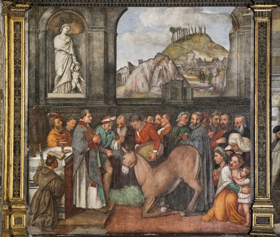 Het wonder van de muilezel, de Noordelijke Muur, School van de Heilige (detail) door Girolamo Tessari