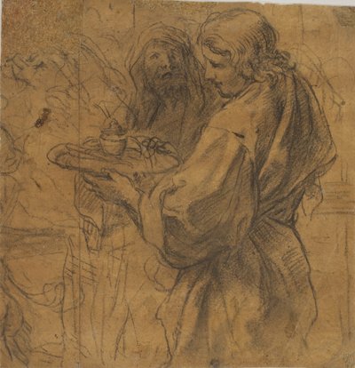 Een jonge man met een dienblad en achter hem een oude man met zijn hoofd bedekt door een draperie door Girolamo Troppa