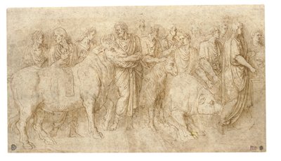 Priesters leiden een stier, een ram en een zwijn naar een altaar, naar de Oudheid door Girolamo da Carpi