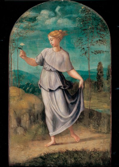 Jonge vrouw met een bloem met een uitgestrekt landschap op de achtergrond door Girolamo da Carpi