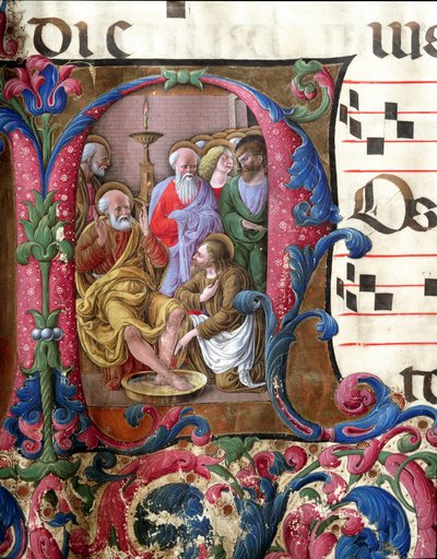 Gedecoreerde letter die Christus voorstelt die de voeten wast, Miniatuur door Girolamo da Cremona (actief rond 1451-1483) en Liberale da Verona (1445-1529) uit een koor (Cod. 22/7. c.37) van de kathedraal van Siena. 15e eeuw Kathedraal (Duomo) van Siena, I door Girolamo da Cremona