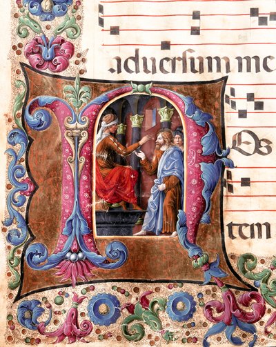 Gedecoreerde letter die Jezus Christus voorstelt voor Pontius Pilatus Miniatuur door Girolamo da Cremona (actief rond 1451-1483) en Liberale da Verona (1445-1529) uit een koor (Cod. 22/7. c.22.) van de kathedraal van Siena. 15e eeuw Kathedraal (Duomo) door Girolamo da Cremona
