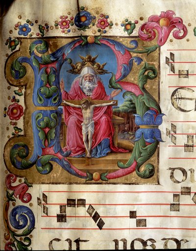Lettrine B gedecoreerd die de Heilige Drie-eenheid (Troon van Genade) voorstelt God, Jezus Christus en de duif van de Heilige Geest (Heilige Geest). Miniatuur door Girolamo da Cremona (actief rond 1451-1483) uit een koor (Cod. 10/L. c.81v) van de kathedraa door Girolamo da Cremona