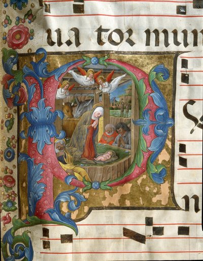 Versierde initiaal P die de Miniatuur Geboorte van Girolamo da Cremona voorstelt uit een koorboek (Cod. 18/3) van de kathedraal van Siena. 15e eeuw door Girolamo da Cremona