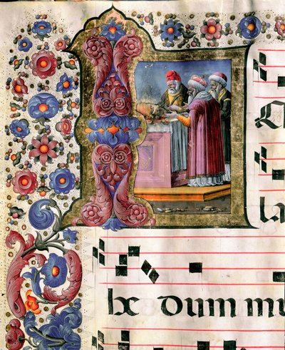 Miniatuur offerscène door Girolamo da Cremona uit een koorboek van de kathedraal van Siena. 15e eeuw door Girolamo da Cremona