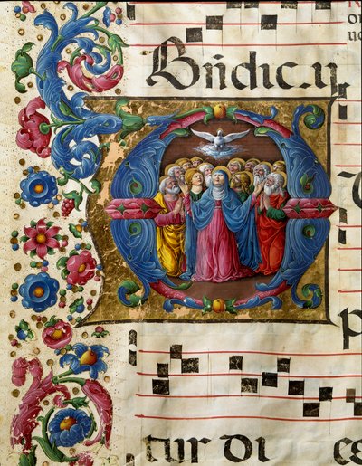 De duif van de Heilige Geest verschijnt aan de Maagd Maria en de apostelen door Girolamo da Cremona