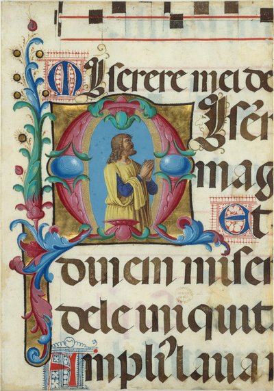 Manuscriptverlichting met David in gebed in een initiaal M, uit een Psalter door Girolamo dai Libri