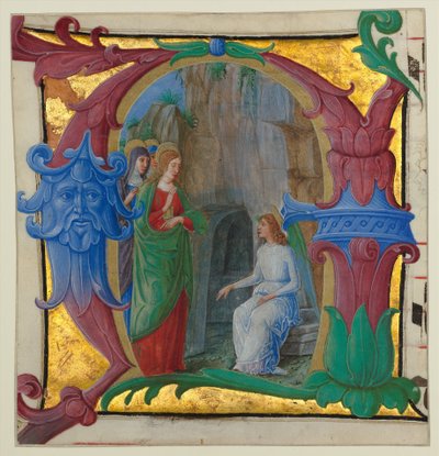 Manuscript Verlichting met de Heilige Vrouwen bij het Graf in een Initiaal A..., ca. 1490-1500 door Girolamo dai Libri