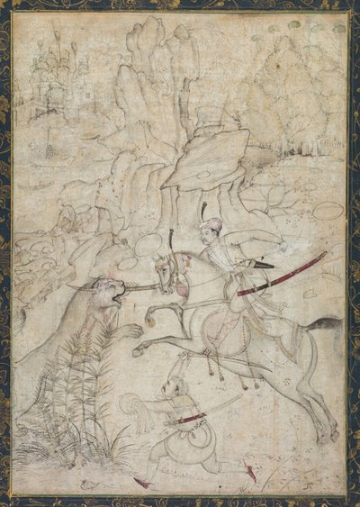 Een Gehelmde Prins die Leeuwen Jaagt in een Rotsachtig Landschap door Girolamo della Robbia