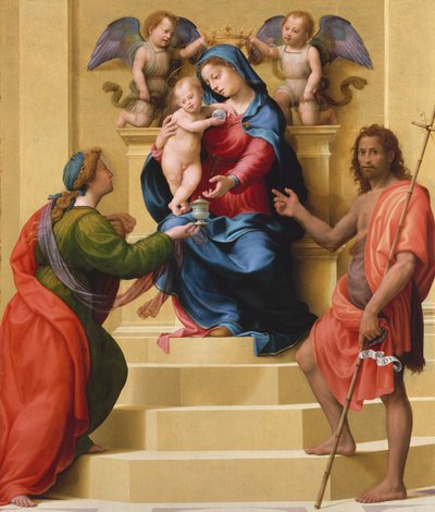 Madonna en Kind op de troon met heiligen Maria Magdalena en Johannes de Doper door Giuliano Bugiardini