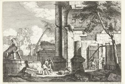 Antieke ruines met graf plunderaars en palmboom door Giuliano Giampiccoli