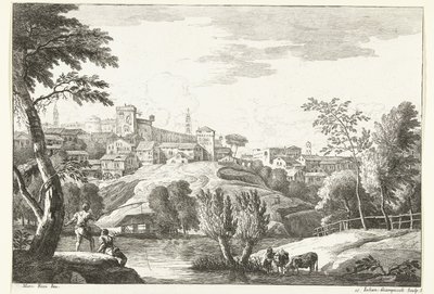 Heuvellandschap met stad en hengelaar door Giuliano Giampiccoli