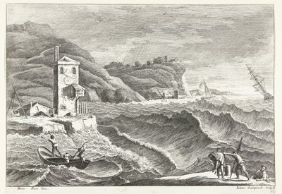Kustlandschap met storm op zee en vuurbaken door Giuliano Giampiccoli