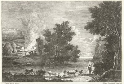 Landschap bij maanlicht met brand door Giuliano Giampiccoli