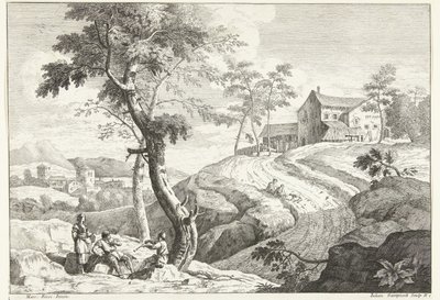 Landschap met fluitspelers bij boom door Giuliano Giampiccoli