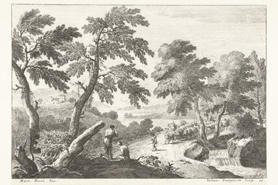 Landschap met herders op weg langs kleine waterval door Giuliano Giampiccoli