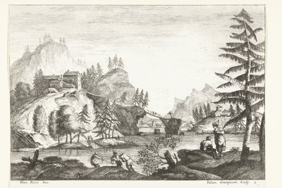 Landschap met rivier en enkele figuren door Giuliano Giampiccoli