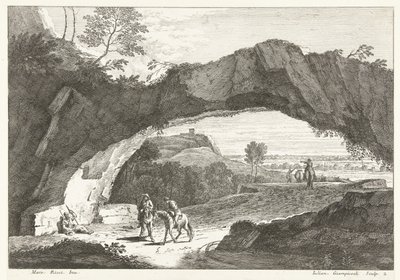 Landschap met stenen brug en enkele figuren door Giuliano Giampiccoli