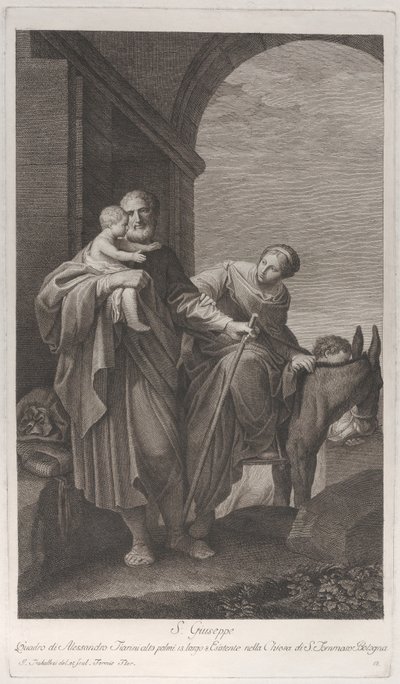 Sint Jozef draagt het Christuskind tijdens de vlucht naar Egypte door Giuliano Traballesi