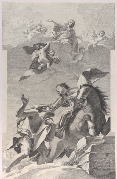 Sint Martinus, te paard, geeft zijn mantel aan een bedelaar door Giuliano Traballesi