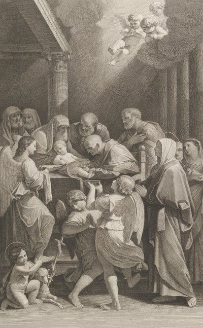 De besnijdenis van Christus, een groep mannen, vrouwen en engelen om hem heen door Giuliano Traballesi