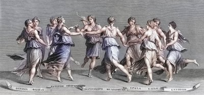 Apollo dansend met zijn negen Olympische Muzen door Giulio (after) Romano