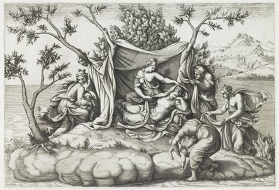 Latona die Apollo en Diana baart, gegraveerd door Diana Mantovana (b.1535), na 1575 (gravure) door Giulio (after) Romano