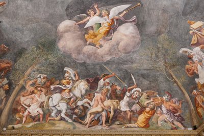 Ajax beschermt het lijk van Patroclus tijdens de slag om Troje, Het Paard van Troje, Kamer van Troje (Sala di Troia) door Giulio (and workshop) Romano