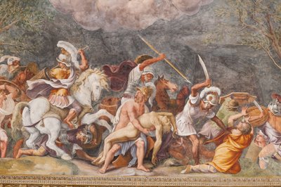 Ajax beschermt het lijk van Patroclus tijdens de slag om Troje, Het Paard van Troje, Kamer van Troje (Sala di Troia) door Giulio (and workshop) Romano