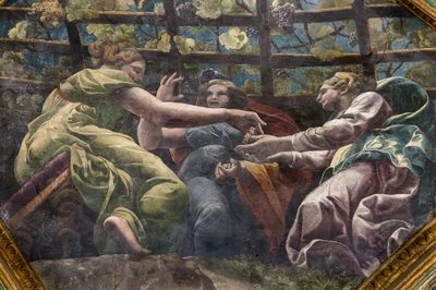 Detail van het gewelf met jonge vrouwen en druiven, Kamer van Cupido en Psyche (Sala di Amore e Psiche) door Giulio (and workshop) Romano