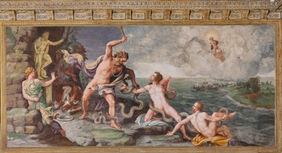 Laocoön en zijn zonen aangevallen door slangen, Het Paard van Troje, Kamer van Troje (Sala di Troia) door Giulio (and workshop) Romano