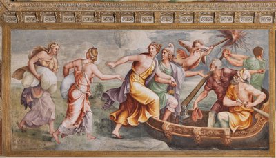 De ontvoering van Helena, Het Paard van Troje, Kamer van Troje (Sala di Troia) door Giulio (and workshop) Romano