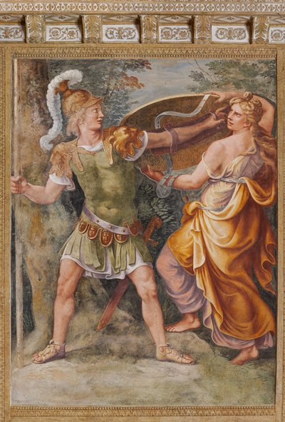 Thetis geeft Achilles de wapens gesmeed door Hephaestus (Vulcanus), Het Paard van Troje, Kamer van Troje (Sala di Troia) door Giulio (and workshop) Romano