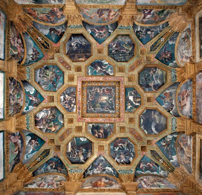 Zicht op het gewelf van de Kamer van Cupido en Psyche (Sala di Amore e Psiche) door Giulio (and workshop) Romano
