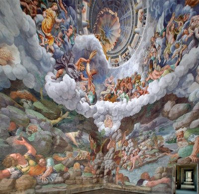 Zeus omringd door andere goden van Olympus gooit bliksemschichten tegen de reuzen en vernietigt hen, gewelf en de zuid- en westmuren, Kamer van de Reuzen (Sala dei Giganti) door Giulio (and workshop) Romano