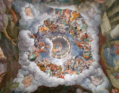 Zeus omringd door andere goden van Olympus gooit bliksems tegen de Giganten en vernietigt hen, gewelf en de Zuid- en Westmuren, Kamer van de Giganten (Sala dei Giganti) door Giulio (and workshop) Romano