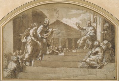 Martha brengt Maria Magdalena naar Christus door Giulio (attr. to) Romano