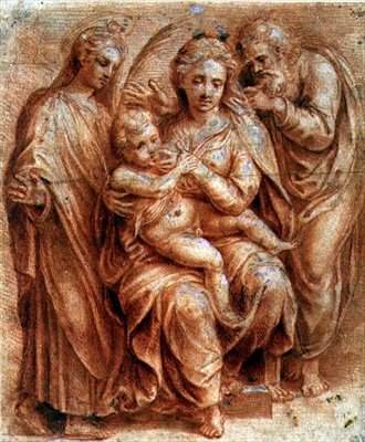 Heilige Familie met een Maagd Martelaar door Giulio (circle of) Romano