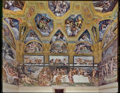 Kamer van Psiche: uitzicht op de westelijke muur, met het rustieke banket door Giulio (workshop of) Romano