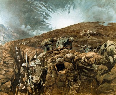 Eerste Wereldoorlog: loopgraven bij Gorizia, Italiaanse campagne rond de Isonzo-rivier, september 1917 door Giulio Aristide Sartorio