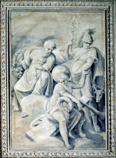 Allegorie van Voorzichtigheid en Waarde die Fortuin in ketenen houdt door Giulio Ballino