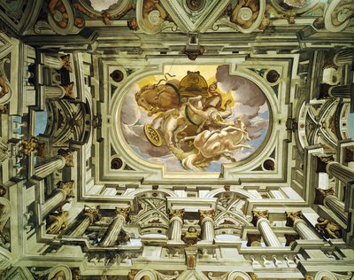 Cagnes (Alpes-Maritimes): plafond van de hal van het oude middeleeuwse kasteel, getransformeerd in 1620; fresco