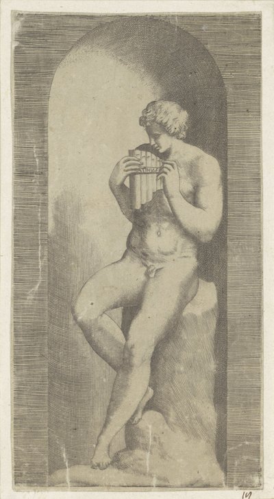 Naakte man met panfluit in een nis door Giulio Bonasone (possibly)