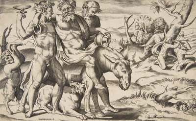 Een Dronken Silenus Rijdend op een Ezel Ondersteund door Satyrs door Giulio Bonasone