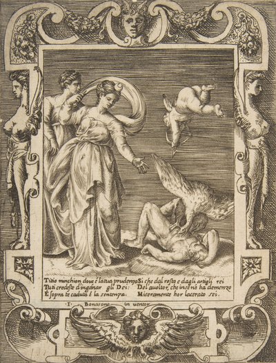Een gier die de ingewanden van Titius eet, Cupido boven twee vrouwen links, binnen een lijst, 1531-76 door Giulio Bonasone